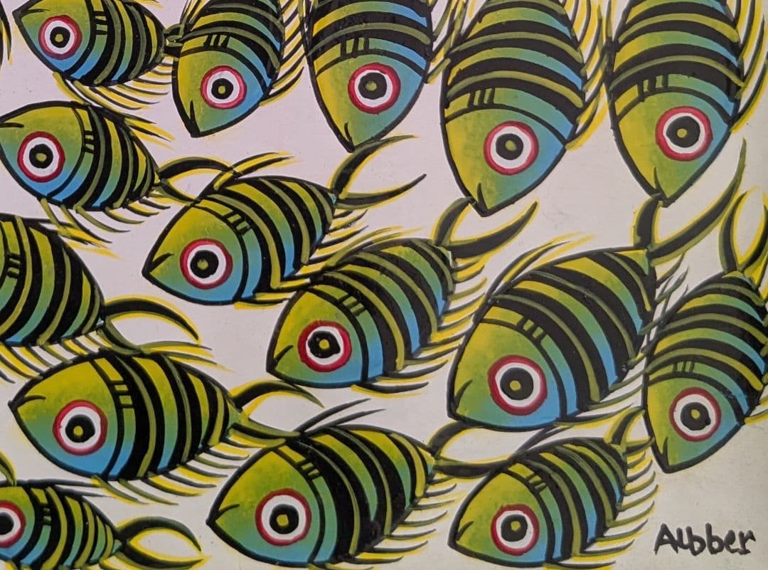 ●アフリカの絵画、ティンガティンガ、魚、Albber、20×20cm