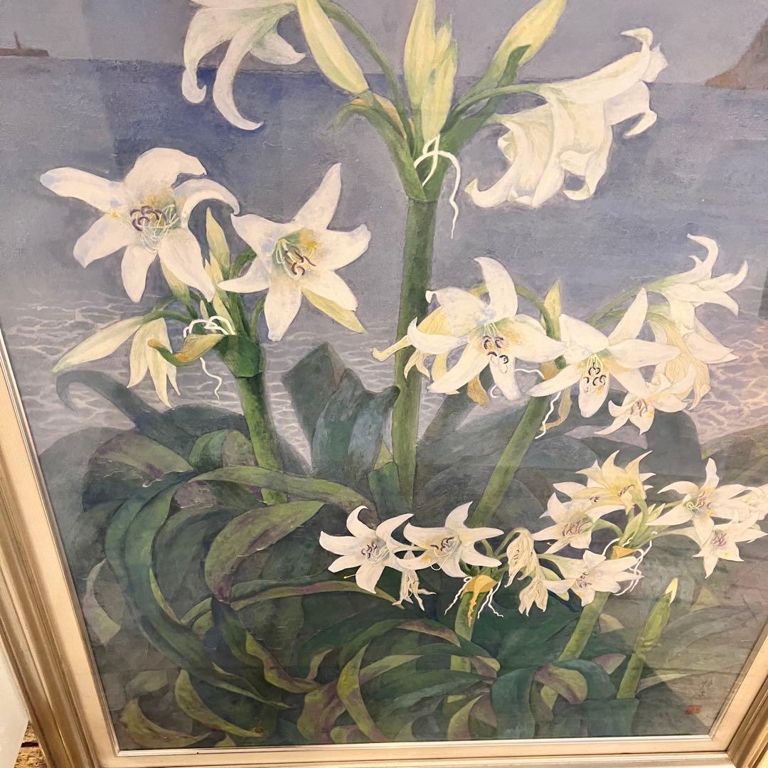 百合　ユリの花 水彩画　はまゆう　シルバーフレーム　40号　壁掛け