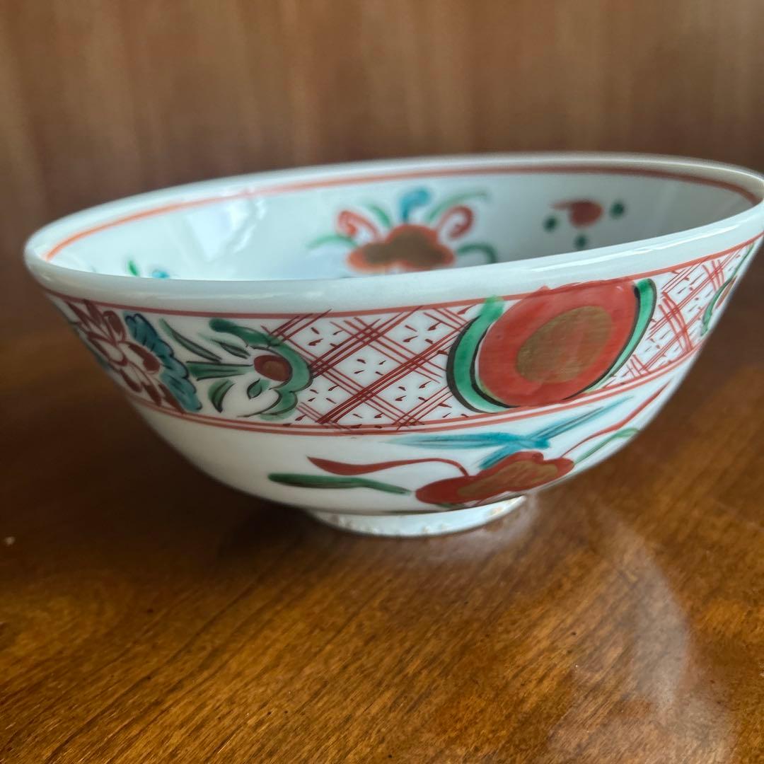 120◆九谷焼　呉須赤絵　中鉢　花鳥画　赤絵鉢18cm
