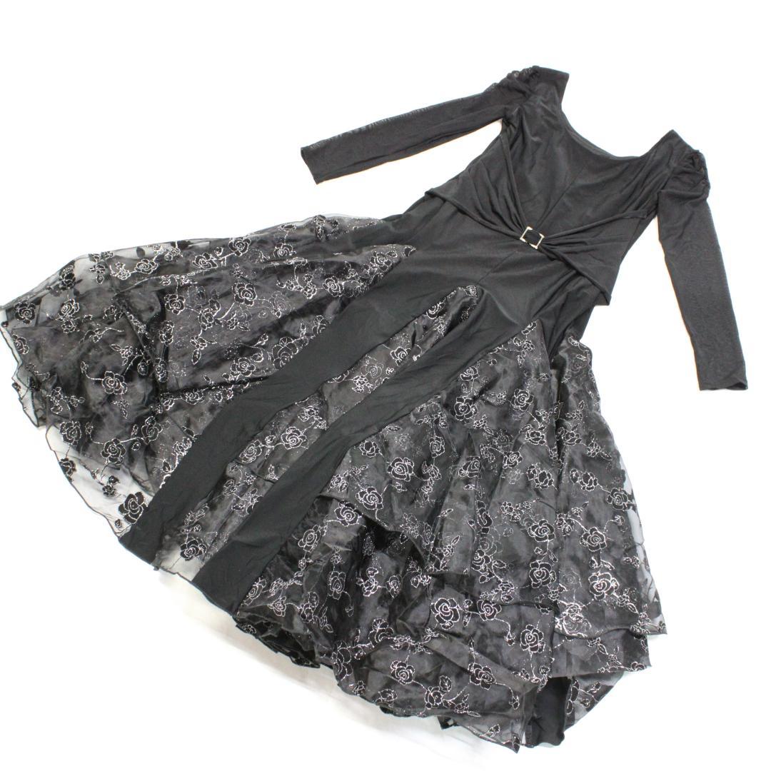 【美品 社交ダンス衣装】ワンピース ドレス leirena 黒 薔薇 バラ 清楚