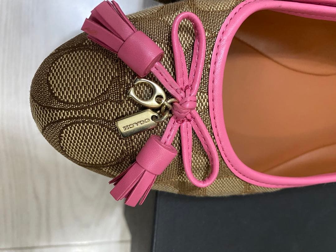 【美品⠀】COACH リボン付きフラットシューズ ブラウン/ピンク 箱付き