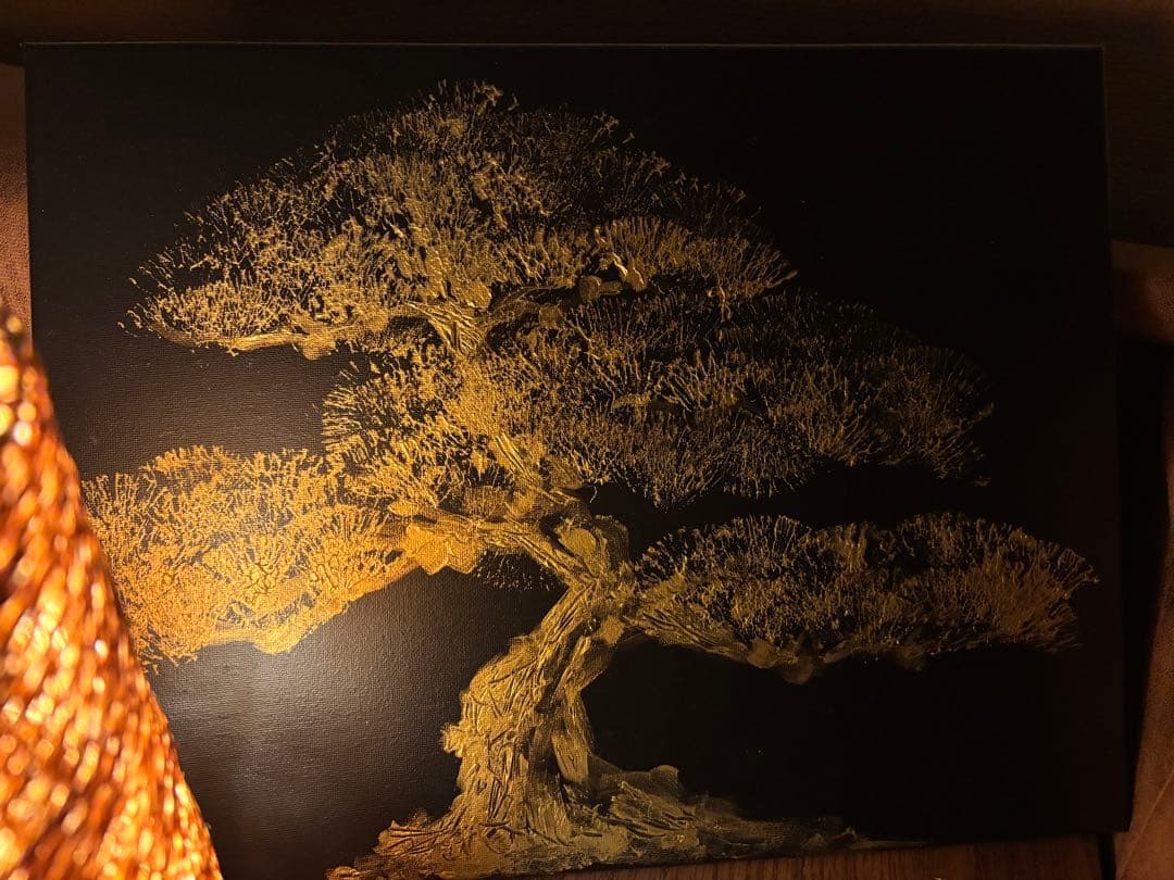 金の盆栽 絵画 原画 B4 アクリル画 モダンアート 和風インテリア ゴールド