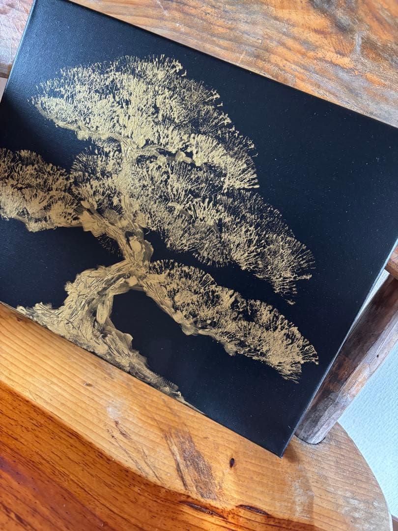 金の盆栽 絵画 原画 B4 アクリル画 モダンアート 和風インテリア ゴールド