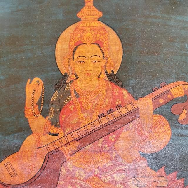 サラスヴァティ　弁財天：　タンカ　仏画（額縁なし）