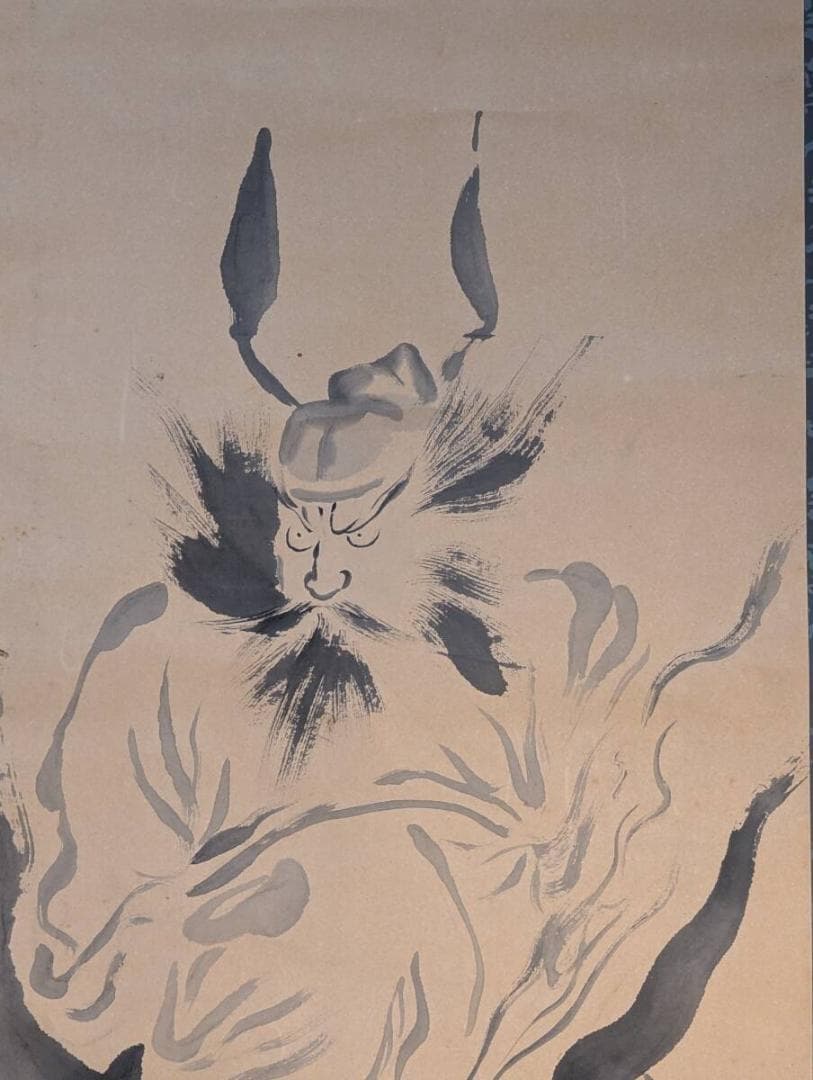 【真作】掛軸　鍾馗図　水墨人物画　魔除けの神・鍾馗　迫力ある筆致　V159