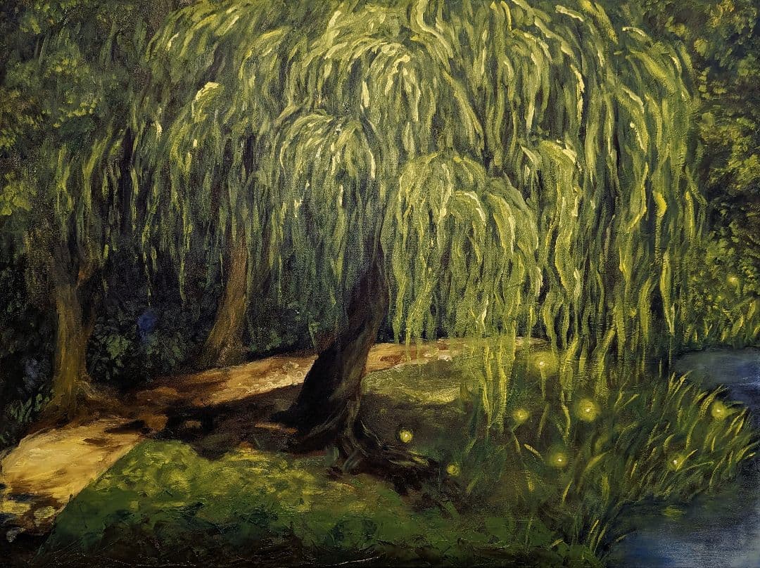 柳の木と蛍の油彩画 額付き（89×69cm）インテリアにおすすめ