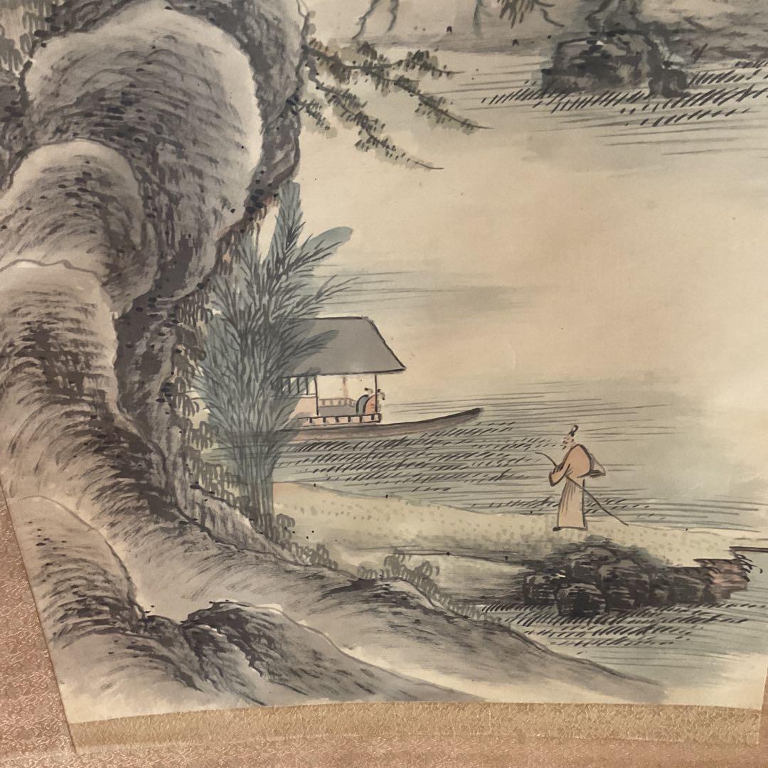 田能村直入 絹本着色山水画【高士観山水景図】 落款印譜在 合箱 模写