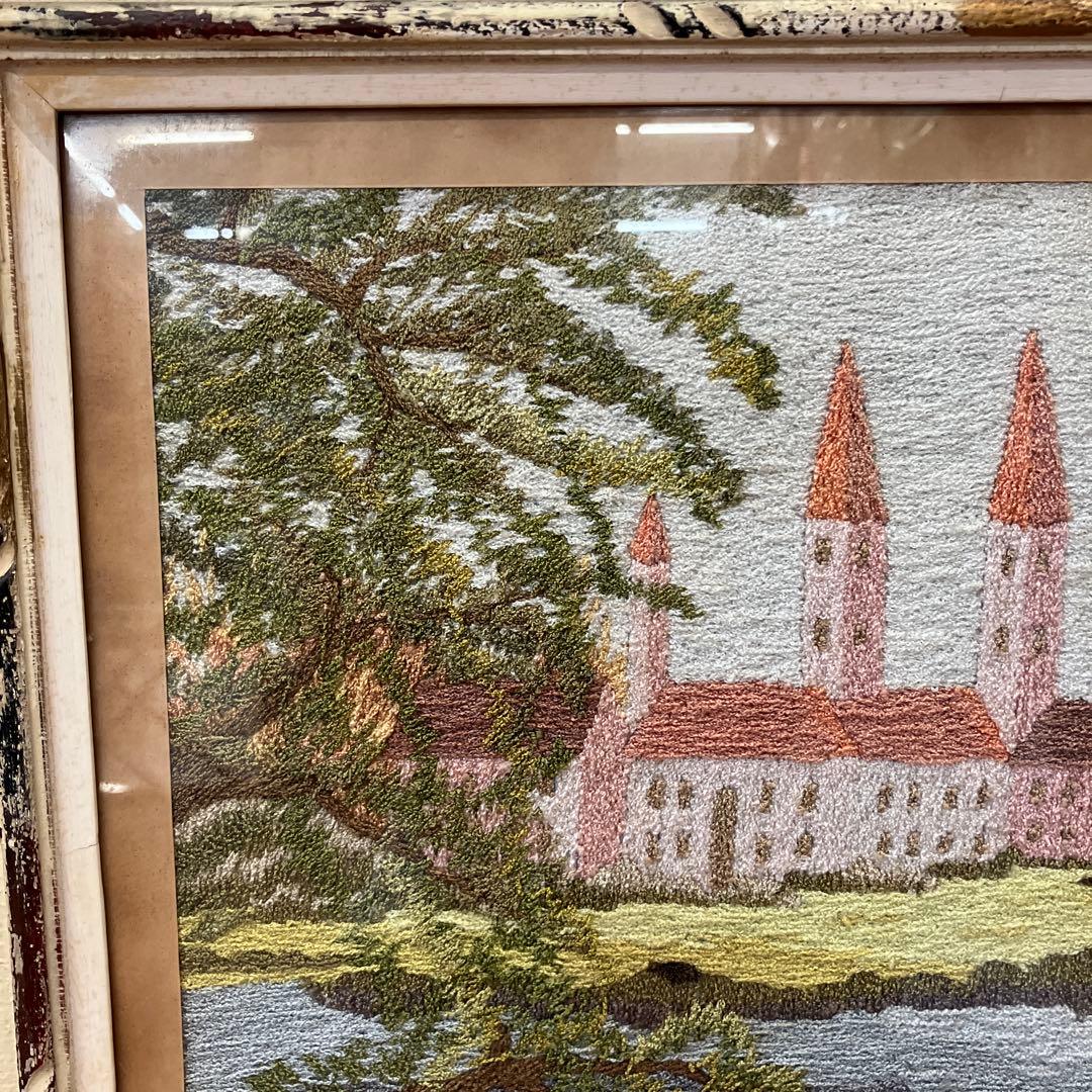 アンティーク 刺繍 絵画 アート 風景画 白鳥 湖 湖畔 壁掛け 壁飾り 額装