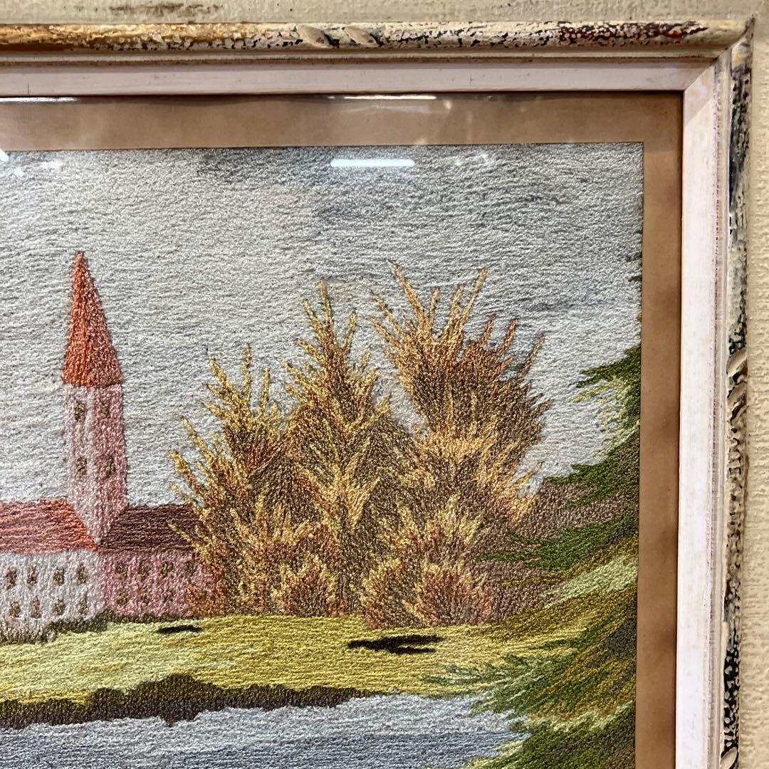 アンティーク 刺繍 絵画 アート 風景画 白鳥 湖 湖畔 壁掛け 壁飾り 額装