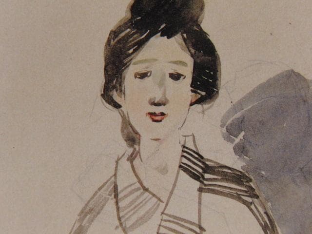 竹久夢二、【座せる女】、希少な大判額装用画集より、美品、新品額装付