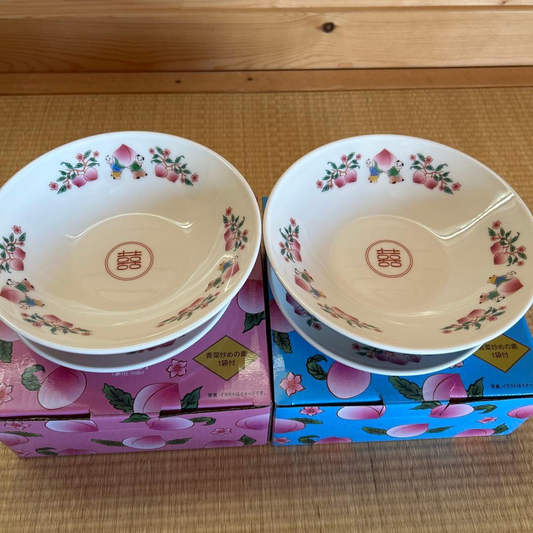 KALDI 桃と唐子のレトロ皿セット、どんぶりとれんげセット
