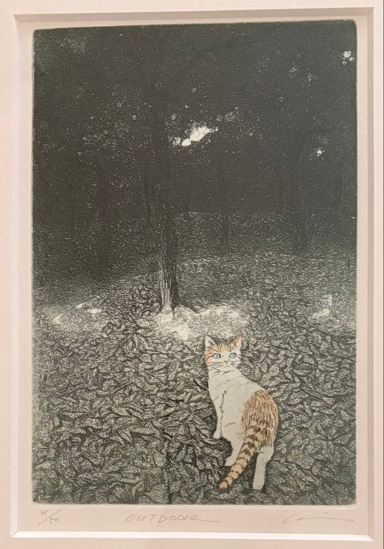 二口 圭子 版画 【OUT DOOR】 猫 木製額入り 41/50