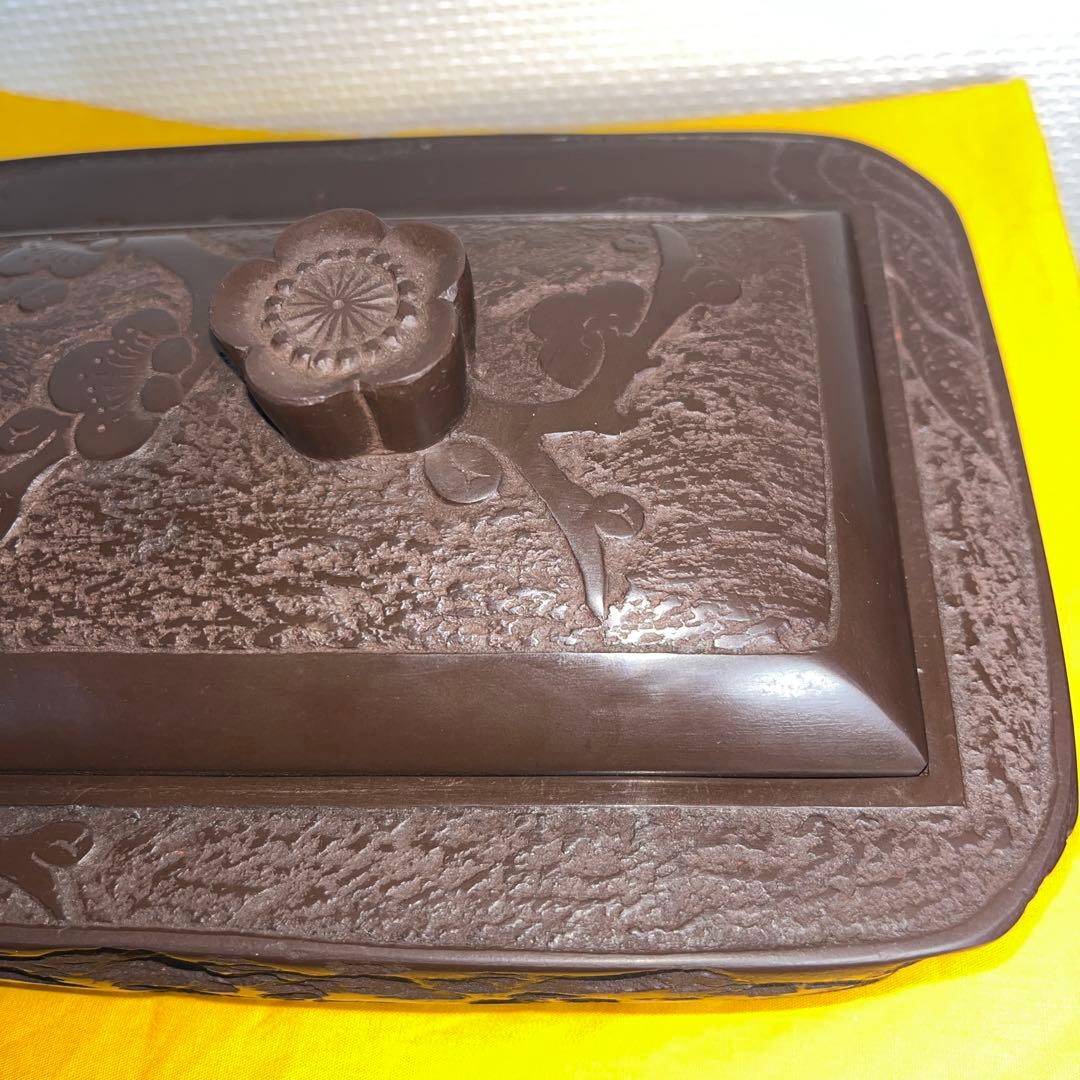 ⭕️赤間硯　大型共蓋付き硯　清風作　新品美品　梅花彫刻　20cm超え　墨持ち良い