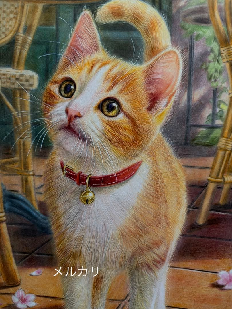色鉛筆画A4 春をみつけた仔猫