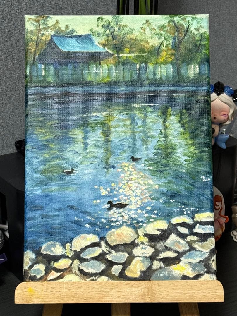 「公園の夕方」　手描き　油絵　肉筆　風景画　原画　油彩画　印象派