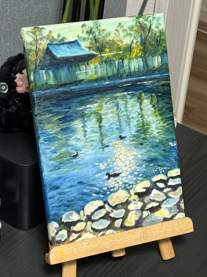 「公園の夕方」　手描き　油絵　肉筆　風景画　原画　油彩画　印象派