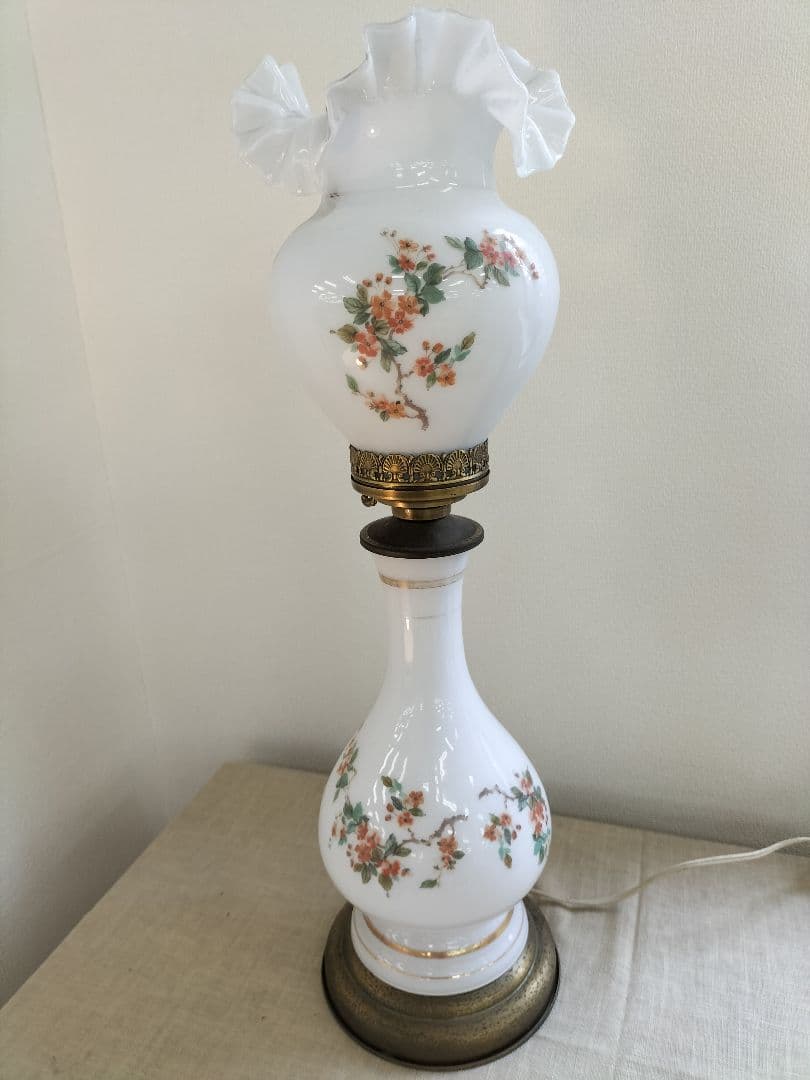ヴィンテージ　花柄ガラスシェード　有田焼陶器ベース　フロアスタンド　照明器具