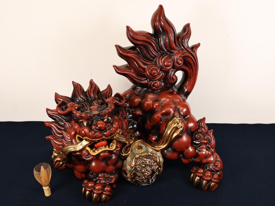 Anne　BK482　九谷 八幡窯 須栄義　玉獅子　龍　置物　床飾　高さ5
