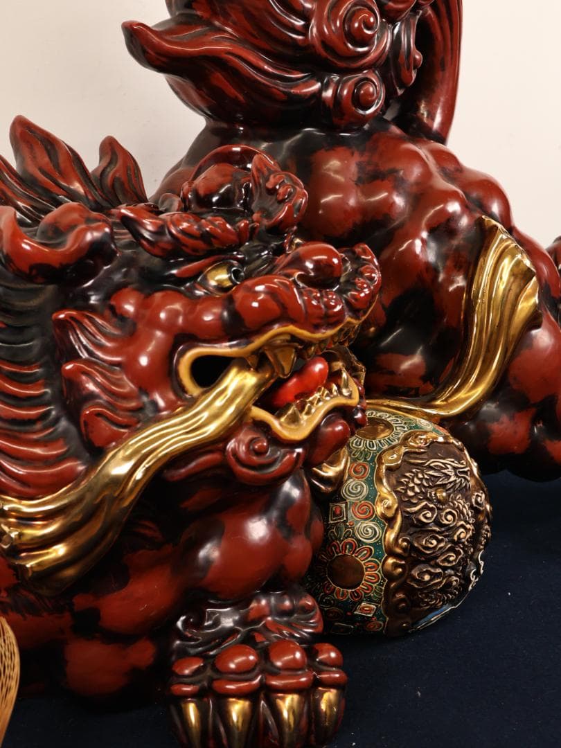 Anne　BK482　九谷 八幡窯 須栄義　玉獅子　龍　置物　床飾　高さ5