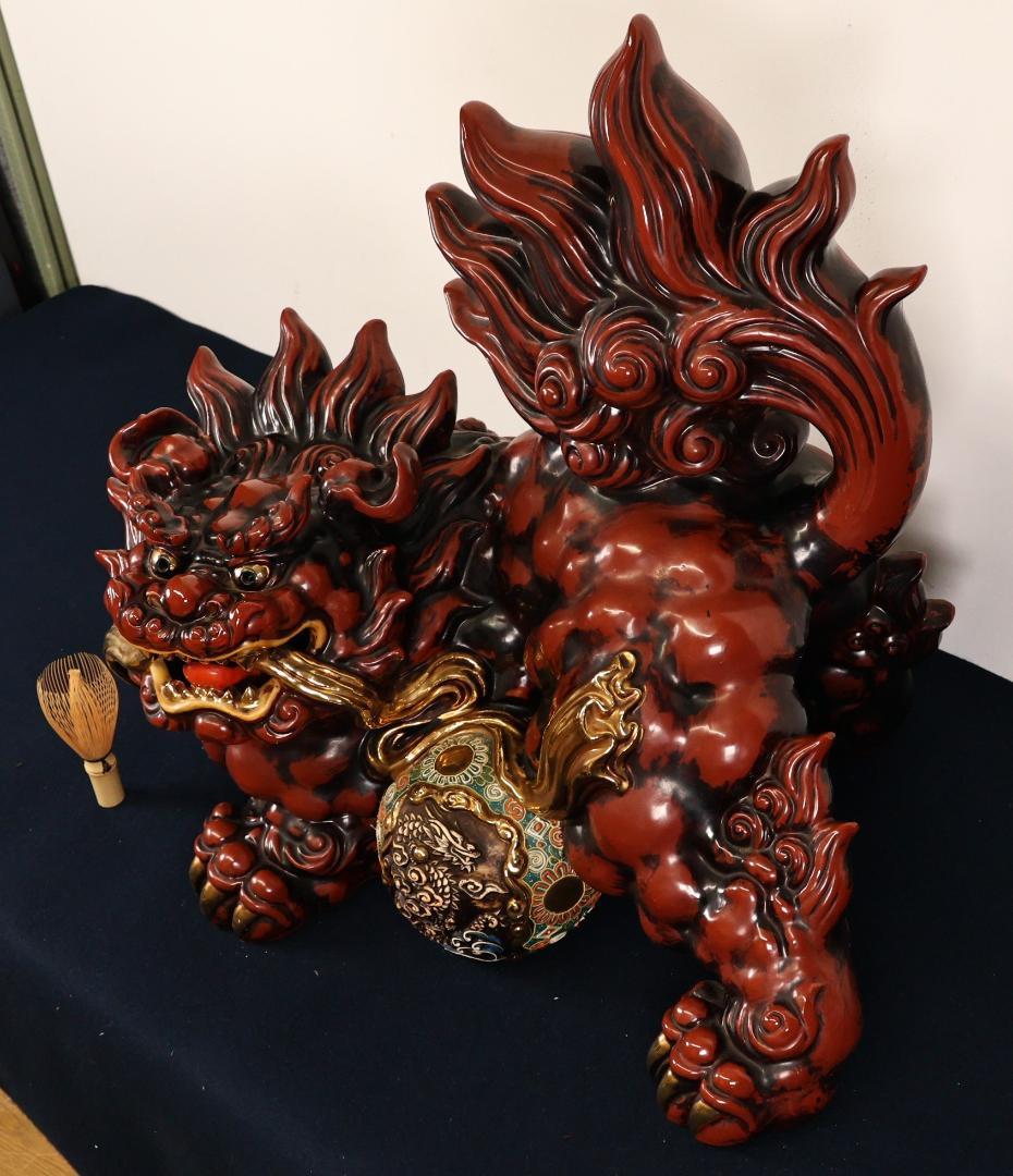 Anne　BK482　九谷 八幡窯 須栄義　玉獅子　龍　置物　床飾　高さ5