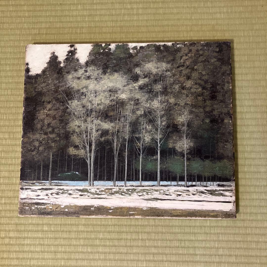 油彩画　8号　冬の森林風景　額縁入り