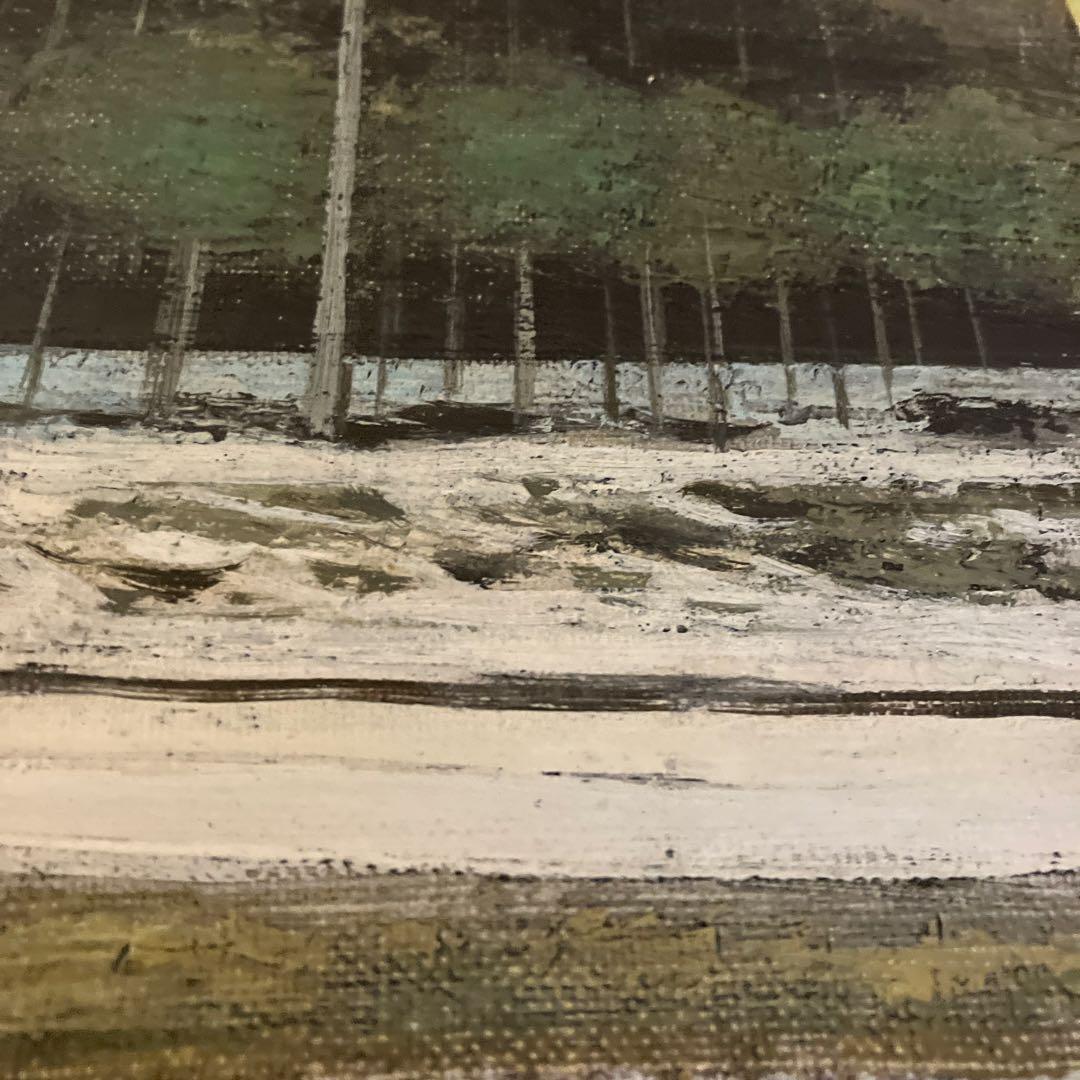 油彩画　8号　冬の森林風景　額縁入り