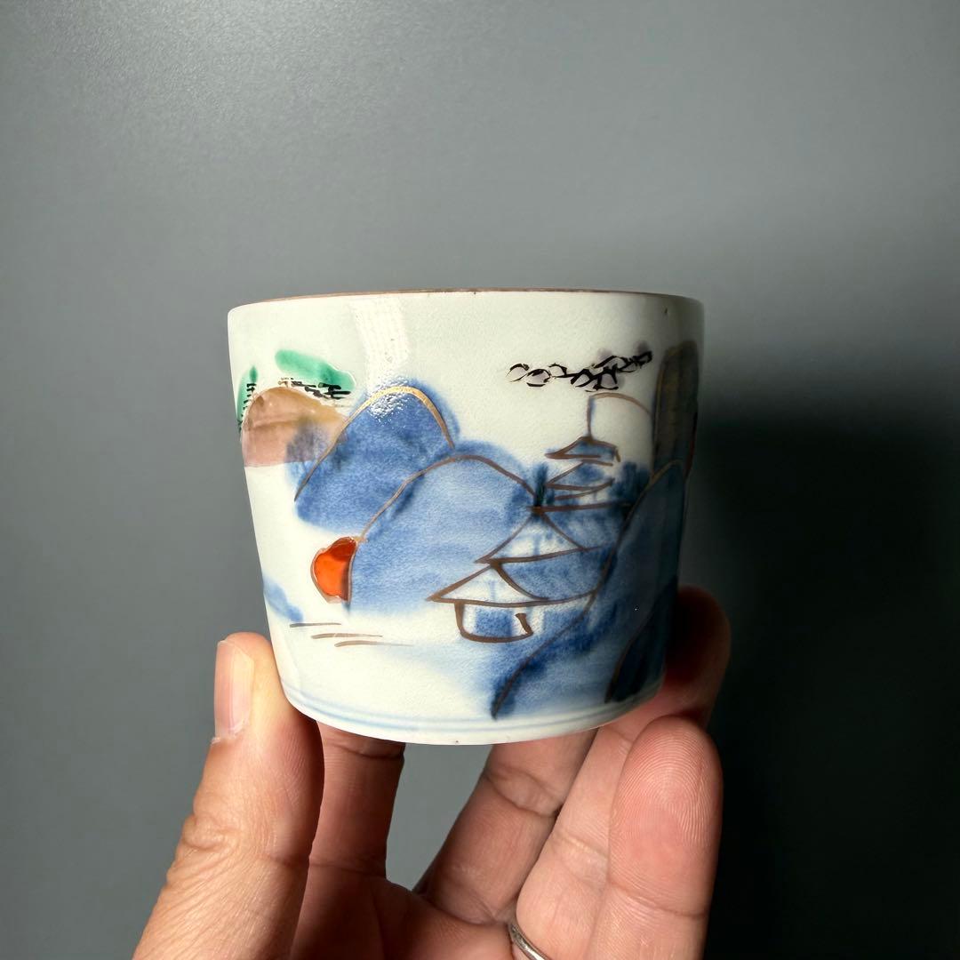 古伊万里　染錦　風景図そば猪口　向付　十客　蛇目高台　料理屋　蕎麦屋