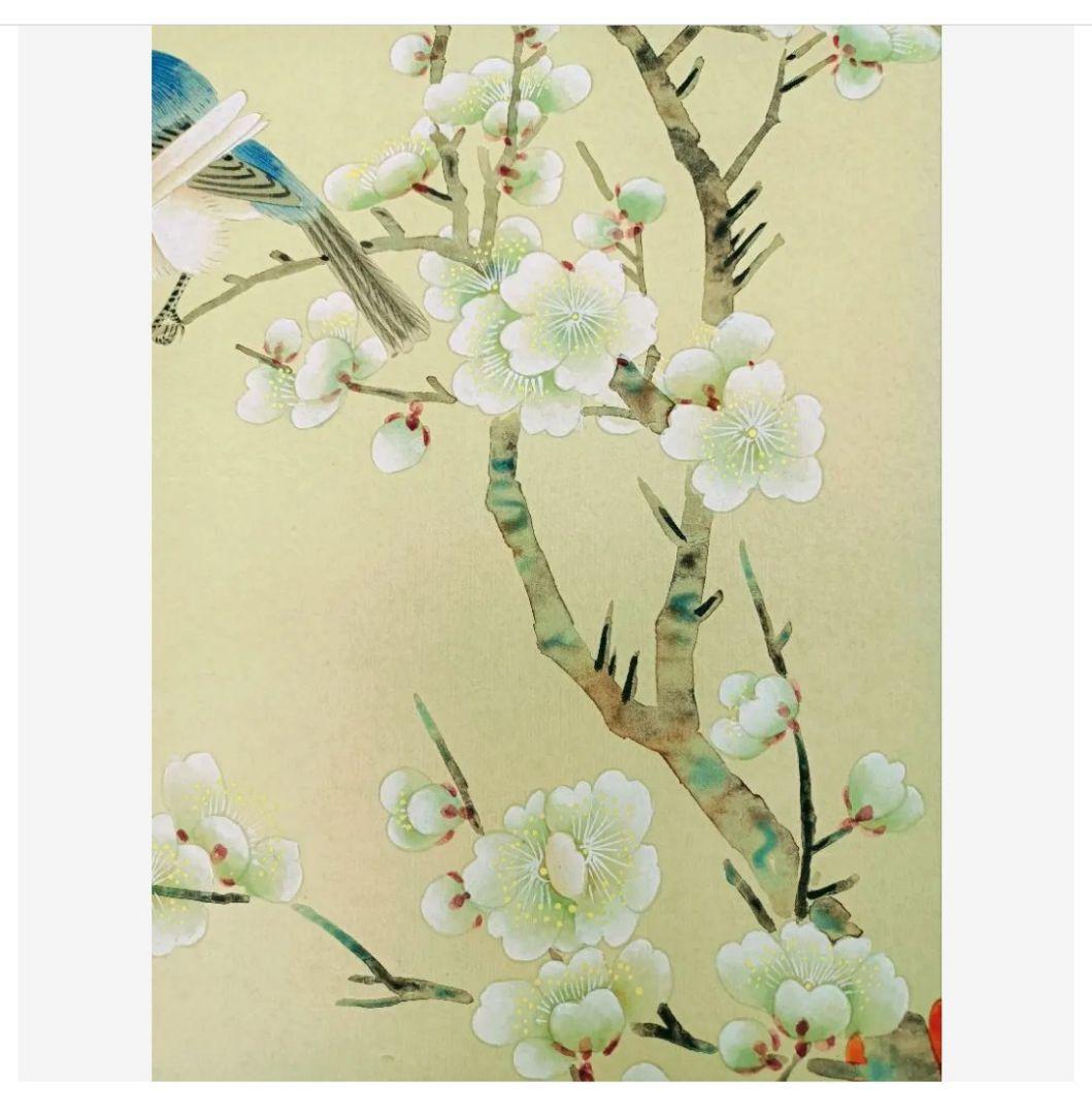 秀芳 幸せを運ぶ☘ルリビタキ桜椿画 共箱付き 花鳥 掛け軸 茶 和室 インテリア