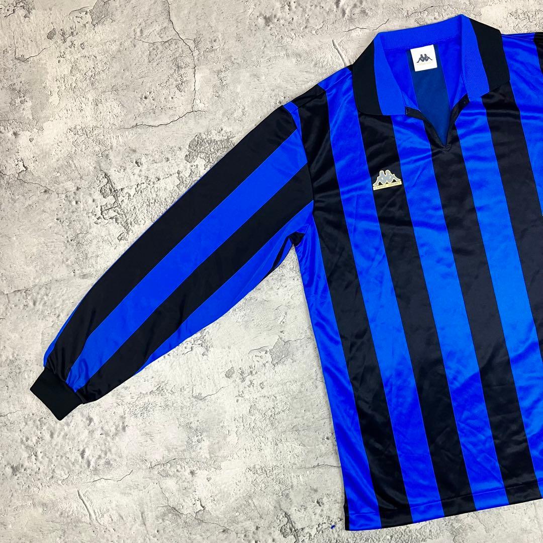 【未使用】90s Kappa 長袖サッカーシャツ #4 日本製 縦縞 青黒 XL