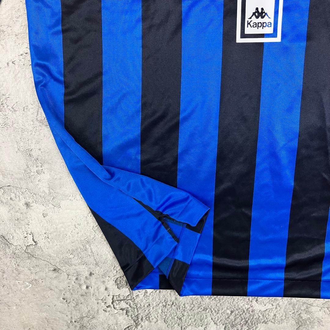 【未使用】90s Kappa 長袖サッカーシャツ #4 日本製 縦縞 青黒 XL