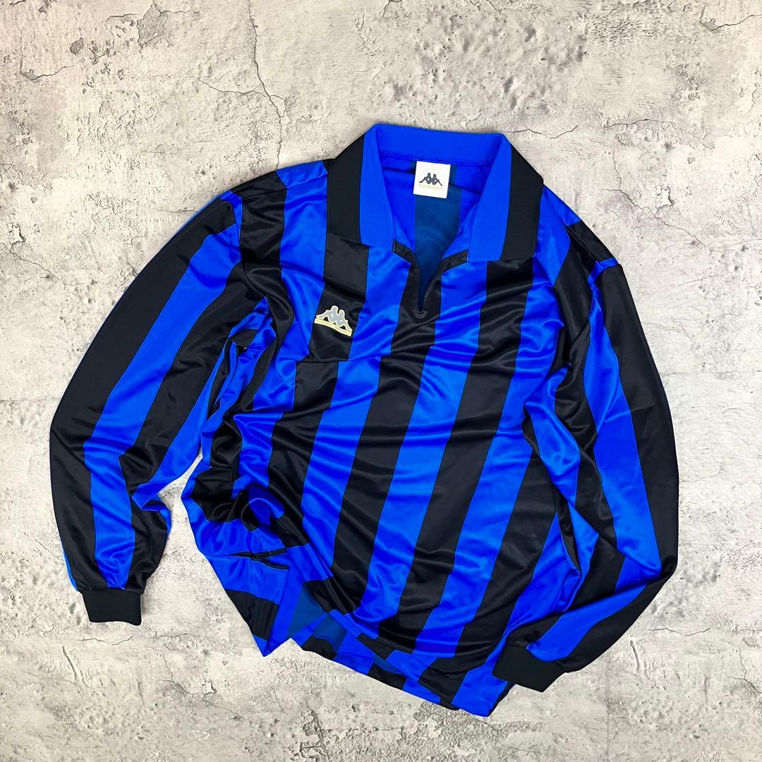【未使用】90s Kappa 長袖サッカーシャツ #4 日本製 縦縞 青黒 XL