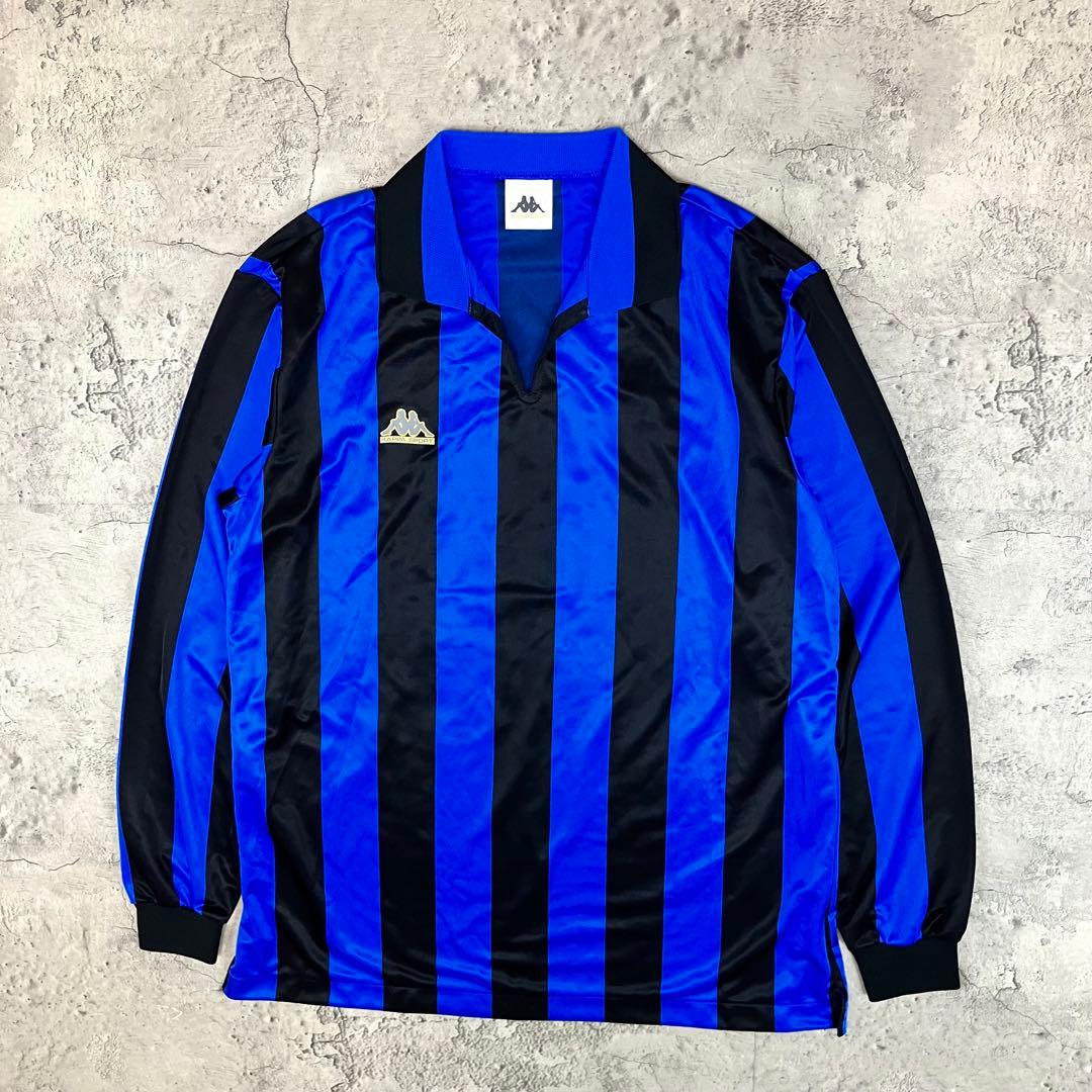 【未使用】90s Kappa 長袖サッカーシャツ #4 日本製 縦縞 青黒 XL