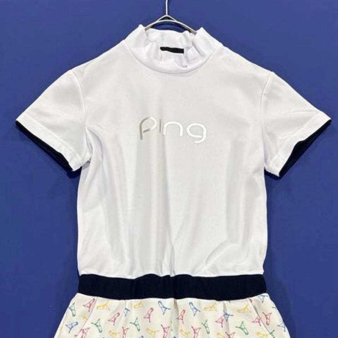 美品❗️PING ピン　M 半袖　モックネックワンピース　ドッキング　ホワイト