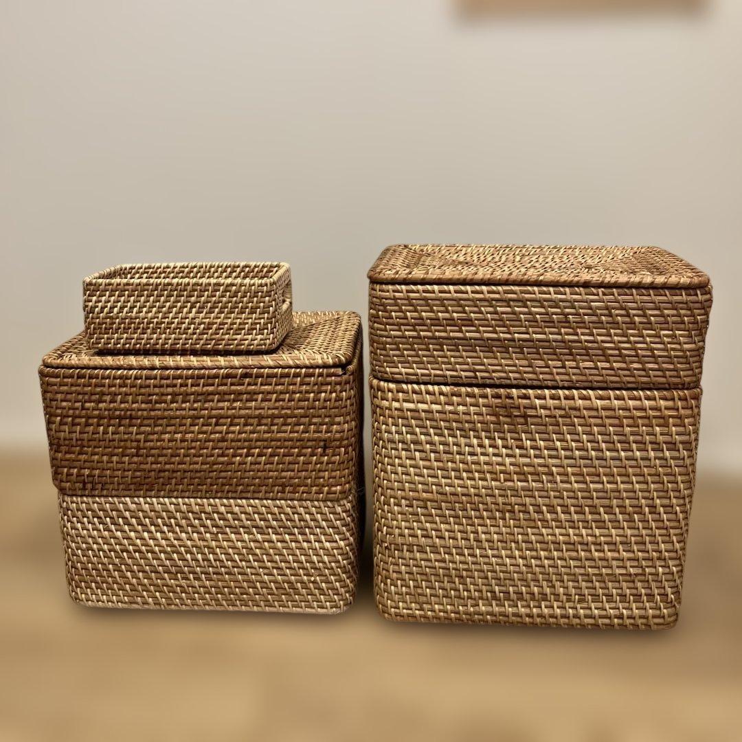 無印良品　重なるラタン長方形ボックス5個セット(フタ2個付き)