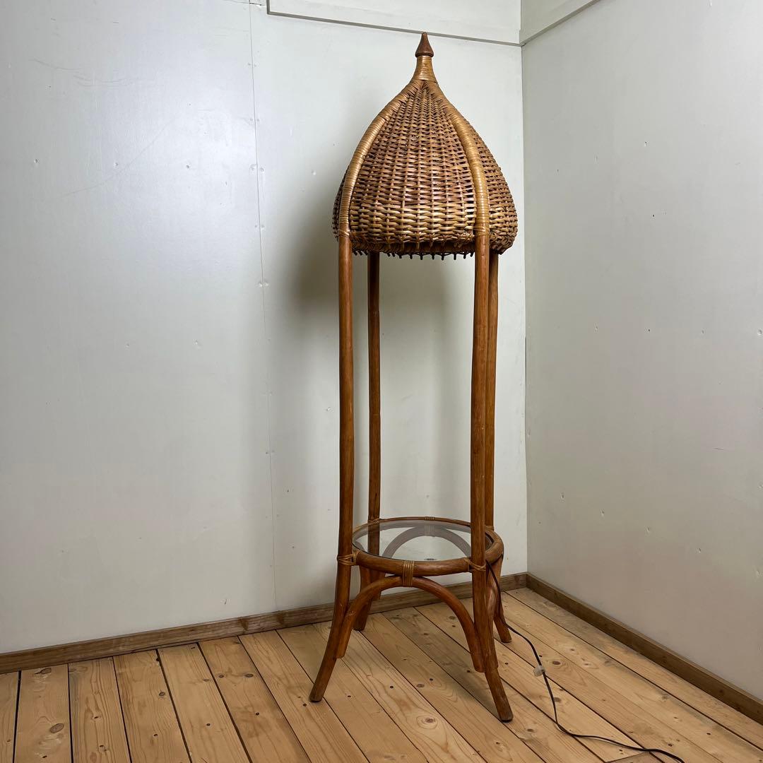 古家具 ビンテージ品◾️籐ラタンフレーム 間接照明 ガラス天板付き ライト ランプ