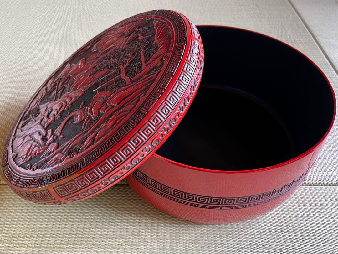 仙台堆朱 朱塗り 漆塗り 漆器 丸型 茶櫃 茶道具 湯呑み茶碗ケース