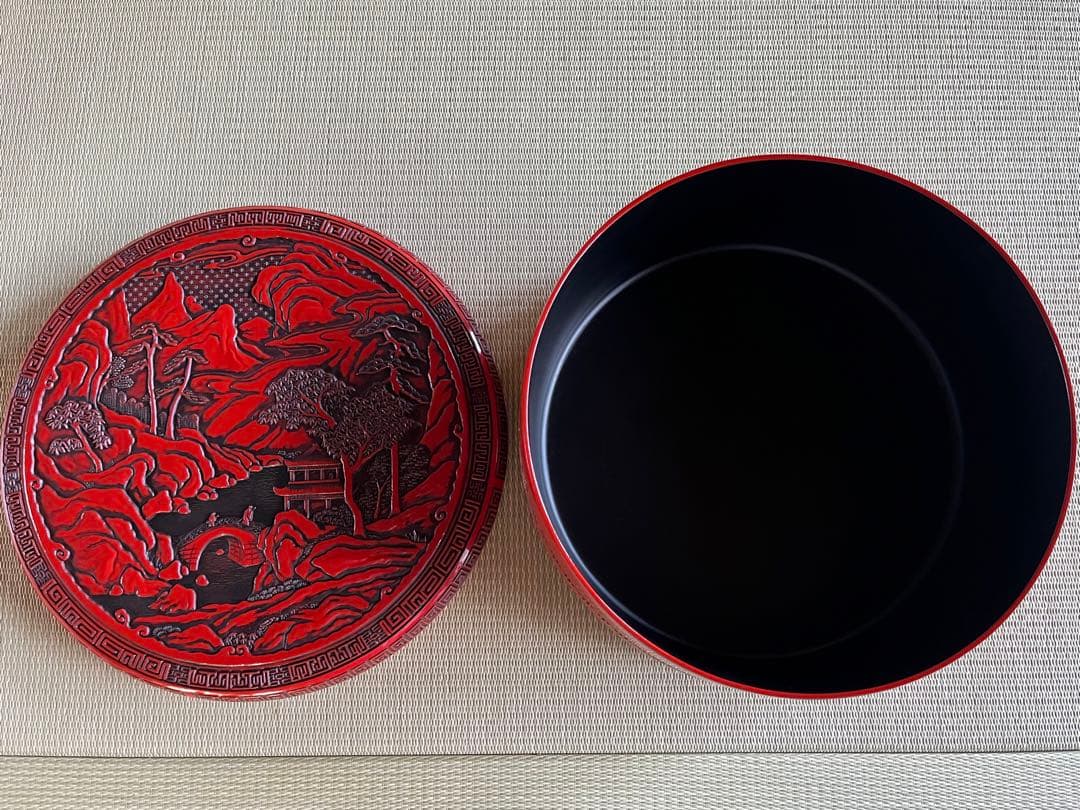 仙台堆朱 朱塗り 漆塗り 漆器 丸型 茶櫃 茶道具 湯呑み茶碗ケース