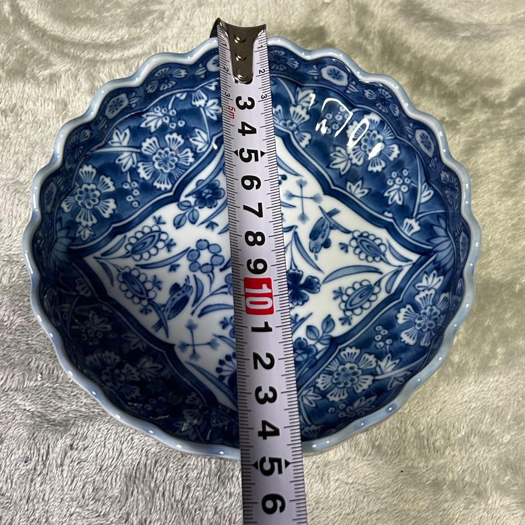三洋陶器 龍峰窯 花鳥図 染付 中鉢揃 4枚セット 輪花皿 更紗 古伊万里様式
