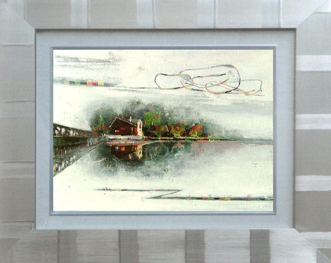 油絵 菅家令子 絵 絵画 インテリア 額付(黒) uF6-062803 橋の風景