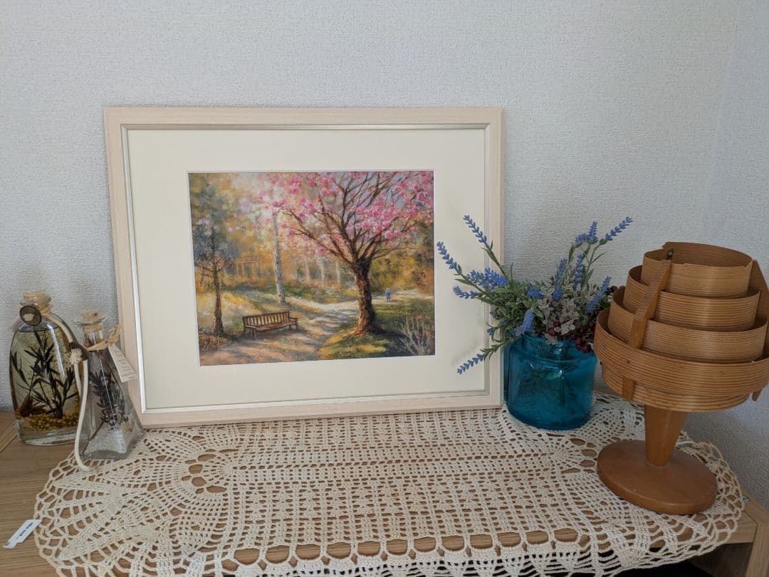 春の光に包まれて パステル画 　桜　風景画　額付き