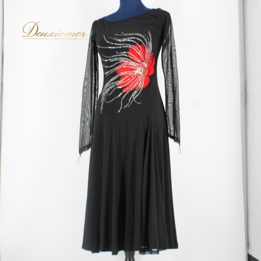 【美品 社交ダンス衣装】ワンピース ドレス 黒 赤 ブラック レッド 花柄