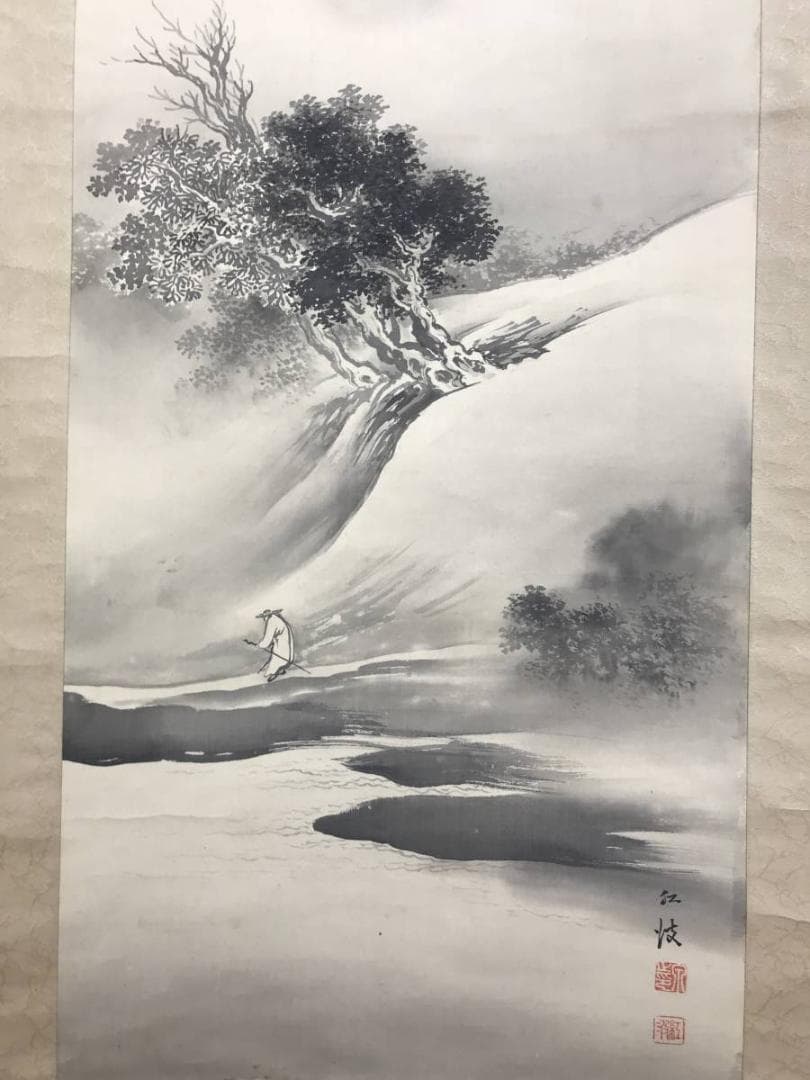 真作/泉江波/高士山水図/山水図/人物図/掛軸/名家伝来/AE-170
