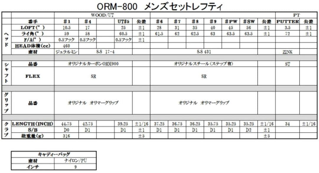 【新品】ORM-800 左用 メンズ フルセット クラブ10本+キャディバッグ付