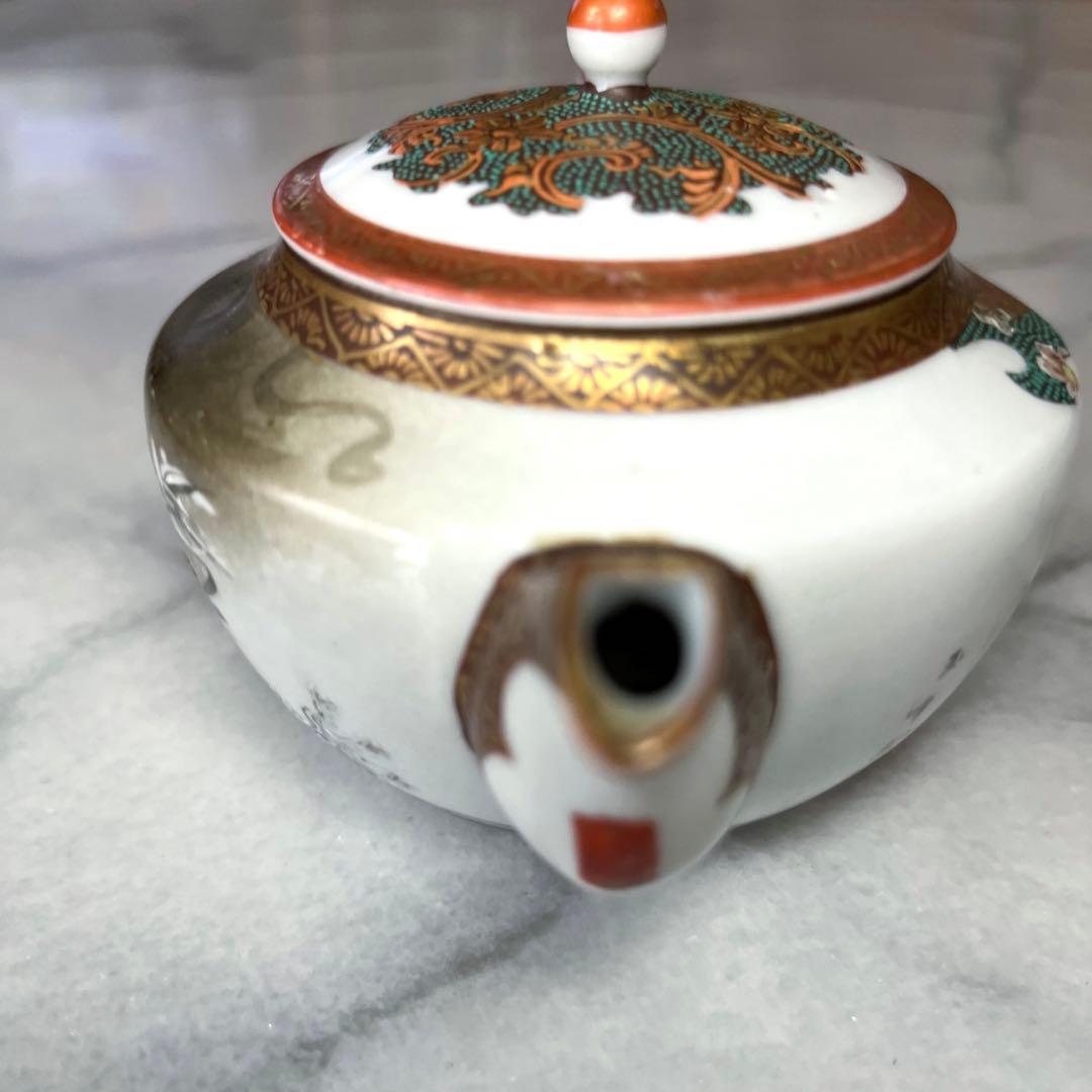骨董／古美術品 九谷焼 青粒 玉峰画　富士 龍絵　茶器　急須