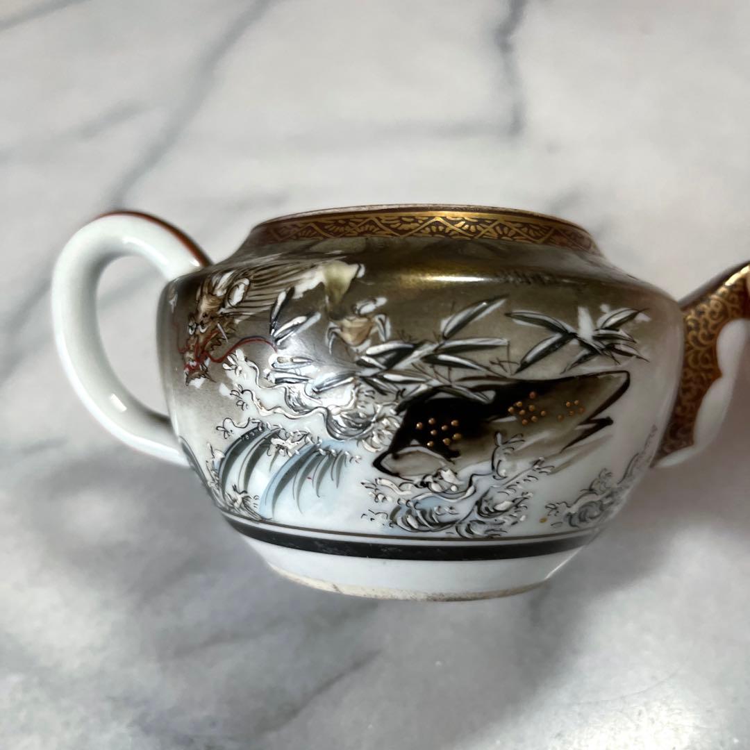 骨董／古美術品 九谷焼 青粒 玉峰画　富士 龍絵　茶器　急須