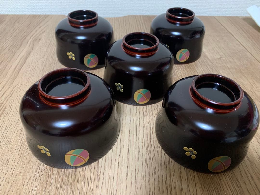 【最終価格】越前漆　沈金蒔絵木製汁椀 5客　手毬宮内庁御用達　手塗り 未使用