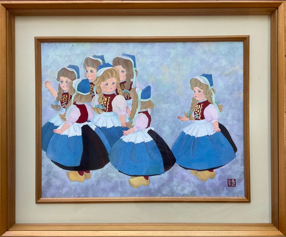 真作・神林 純子　純日本画　人形　10号P型　和紙に良い絵の具で柔らかなタッチ。
