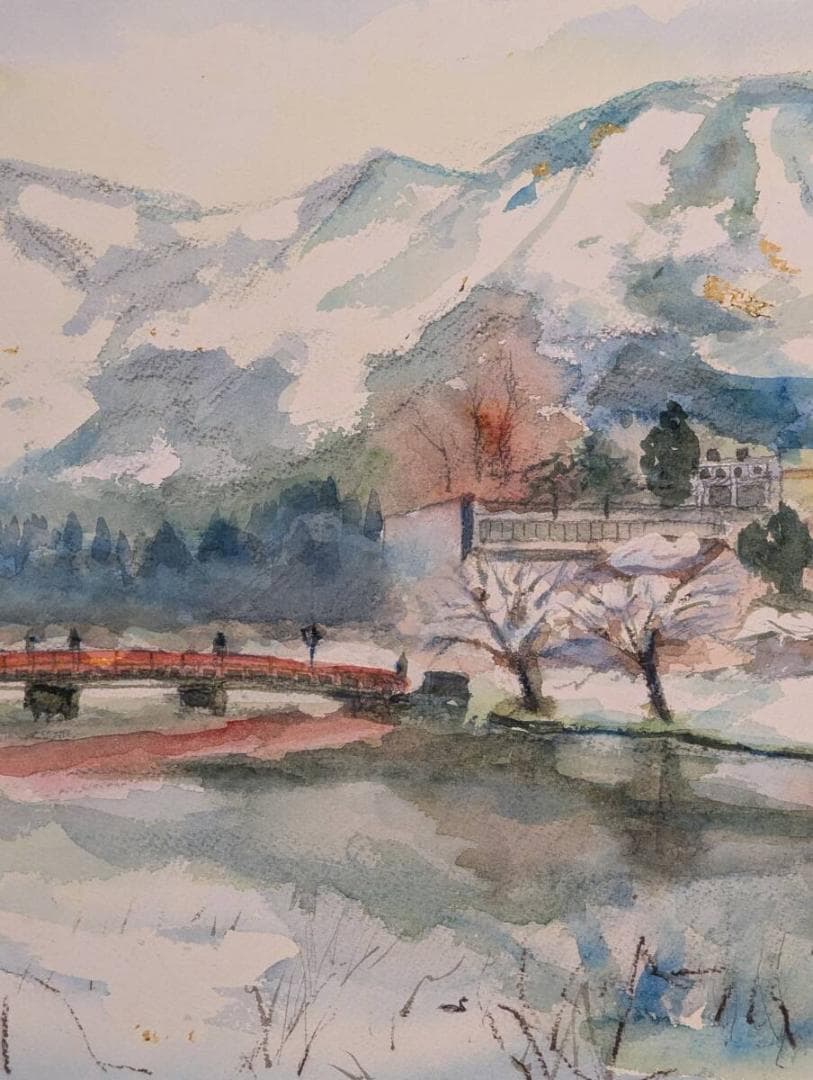 【真作】絵画　水彩　雪山と山里の冬景色　冬の山村風景　静かな雪景色　Z52