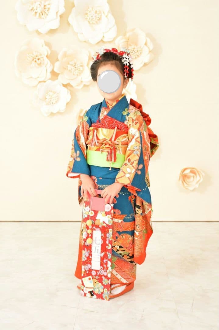 古典柄　七五三着物セット　7歳　女の子　化繊　袋帯、長襦袢　小物