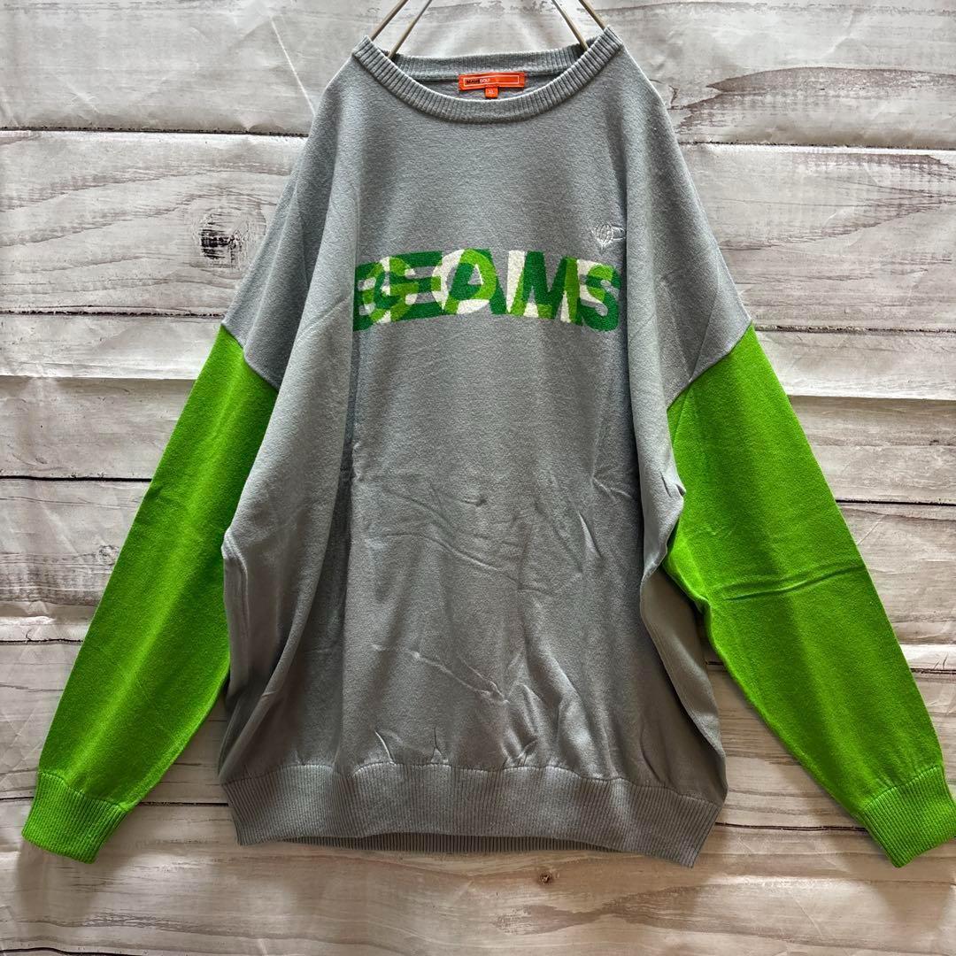 BEAMS GOLF ロゴセーター 刺繍 バイカラー グレー 黄緑 XL